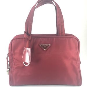 Authentic PRADA Red Nylon and Clear Plastic Handle Tote Handbag Purse  #53152